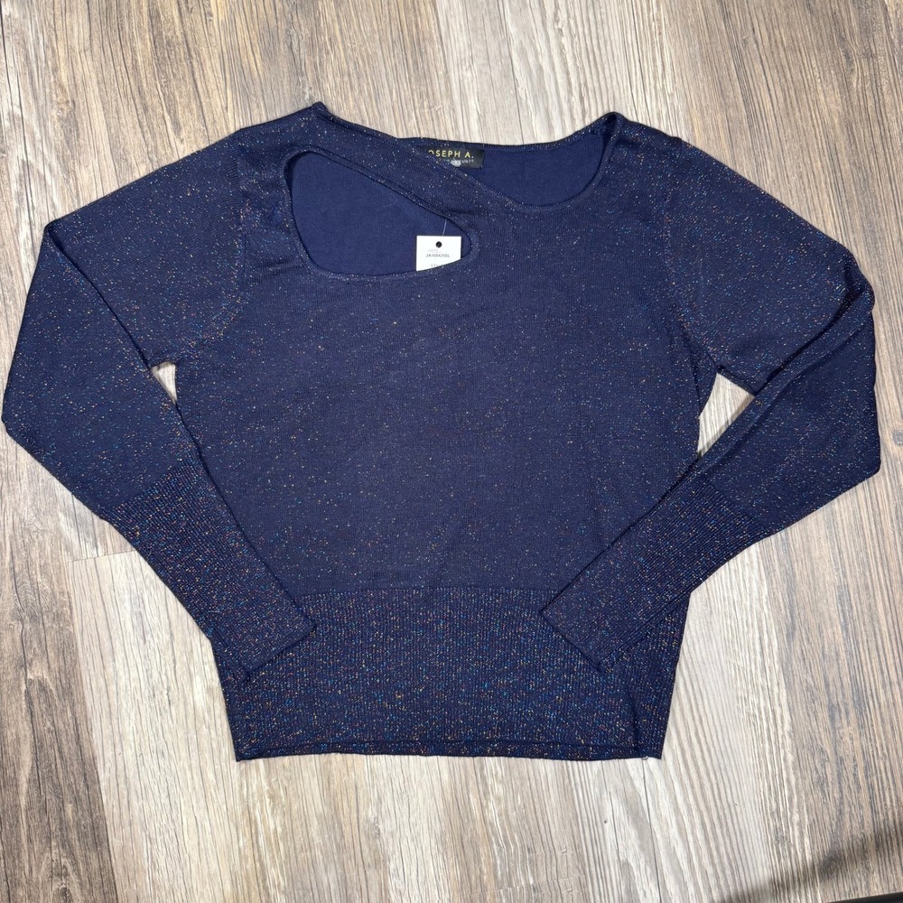 Joseph A Date Night Out Navy Blue Shimmer Metallic Cutout Knit Sweater M NWT